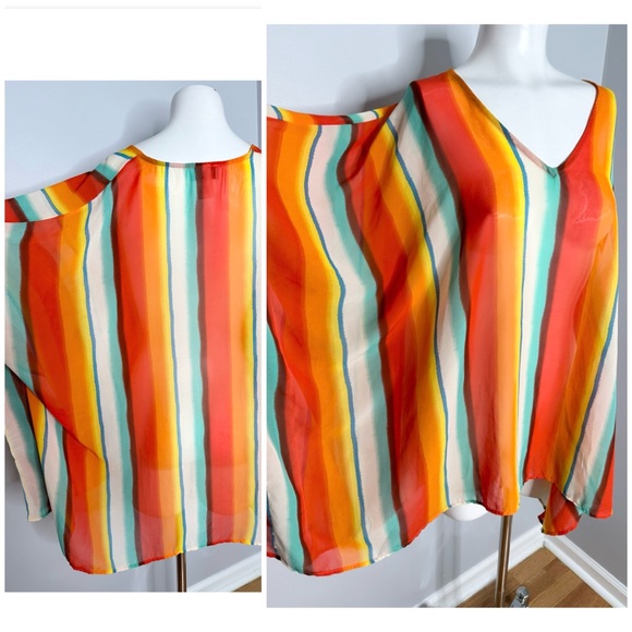 PALMS AWAY COLORFUL STRIPE SHEER TOP/ PRELOVED  SIZE MEDIUM - Picture 4 of 5